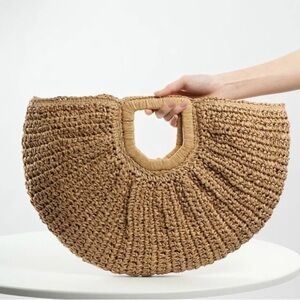 NWT Ramla Official Crochet Raffia Half Moon Bag-Dark Tan